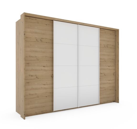Lillian szinkronos 4 tolóajtós gardróbszekrény Passepartot kerettel, EXTRA BELSŐKKEL,Artisan tölgy / Fehér / Alu fogó, 278x214x64 cm"KSZ"