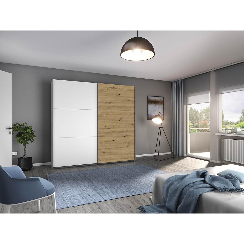 Austin tolóajtós szekrény, fehér/ artisan tölgy-fehér, 218x210x59cm"ksz"