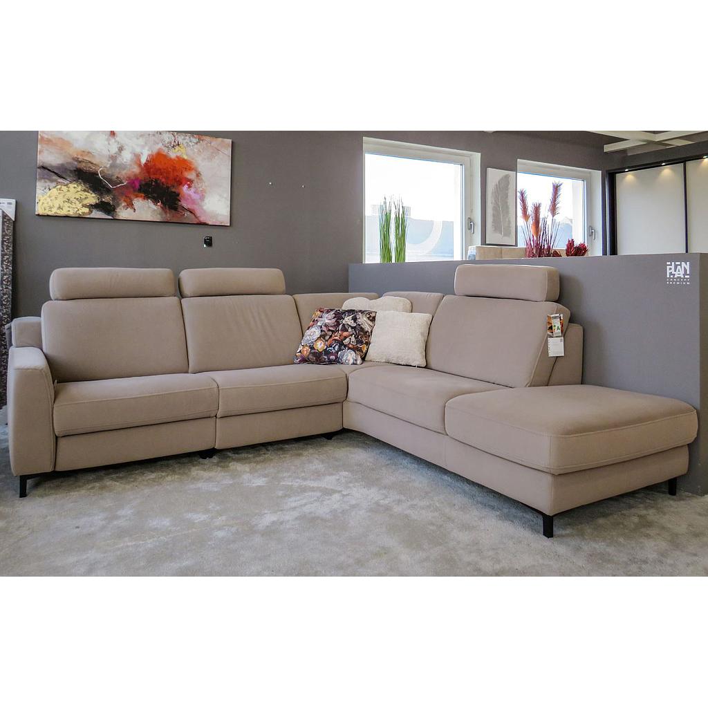 Sofastyle sarokgarnitúra, 264x235 cm, Enoa Gravel Aqua Clean szövettel, 2 db relax funkcióval, tárolós ottománnal, állítható fejtámlákkal