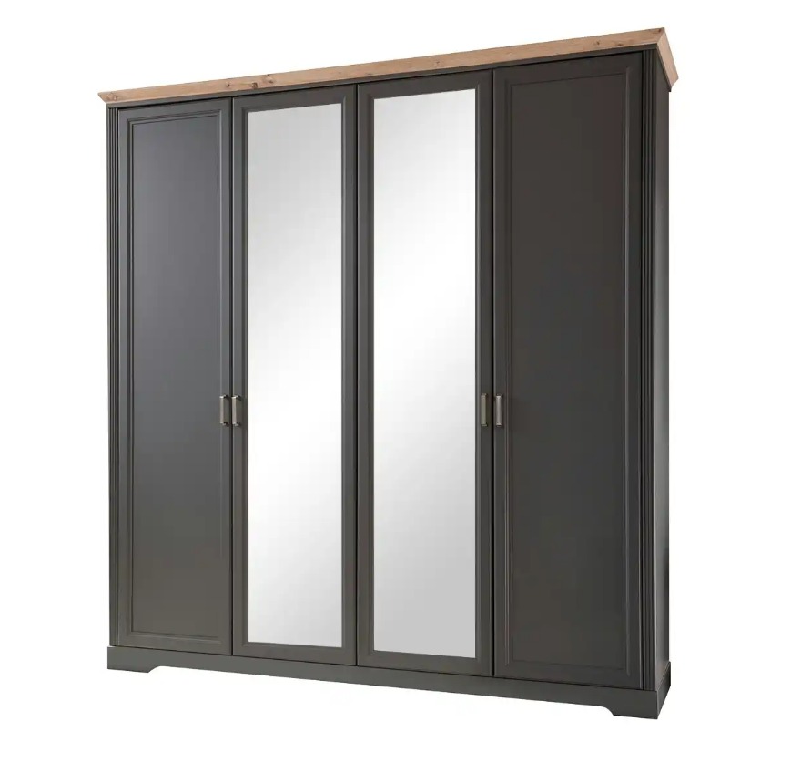 Jillana 4 ajtós tükrös szekrény, 210x220x64 cm, grafit-artisan tölgy