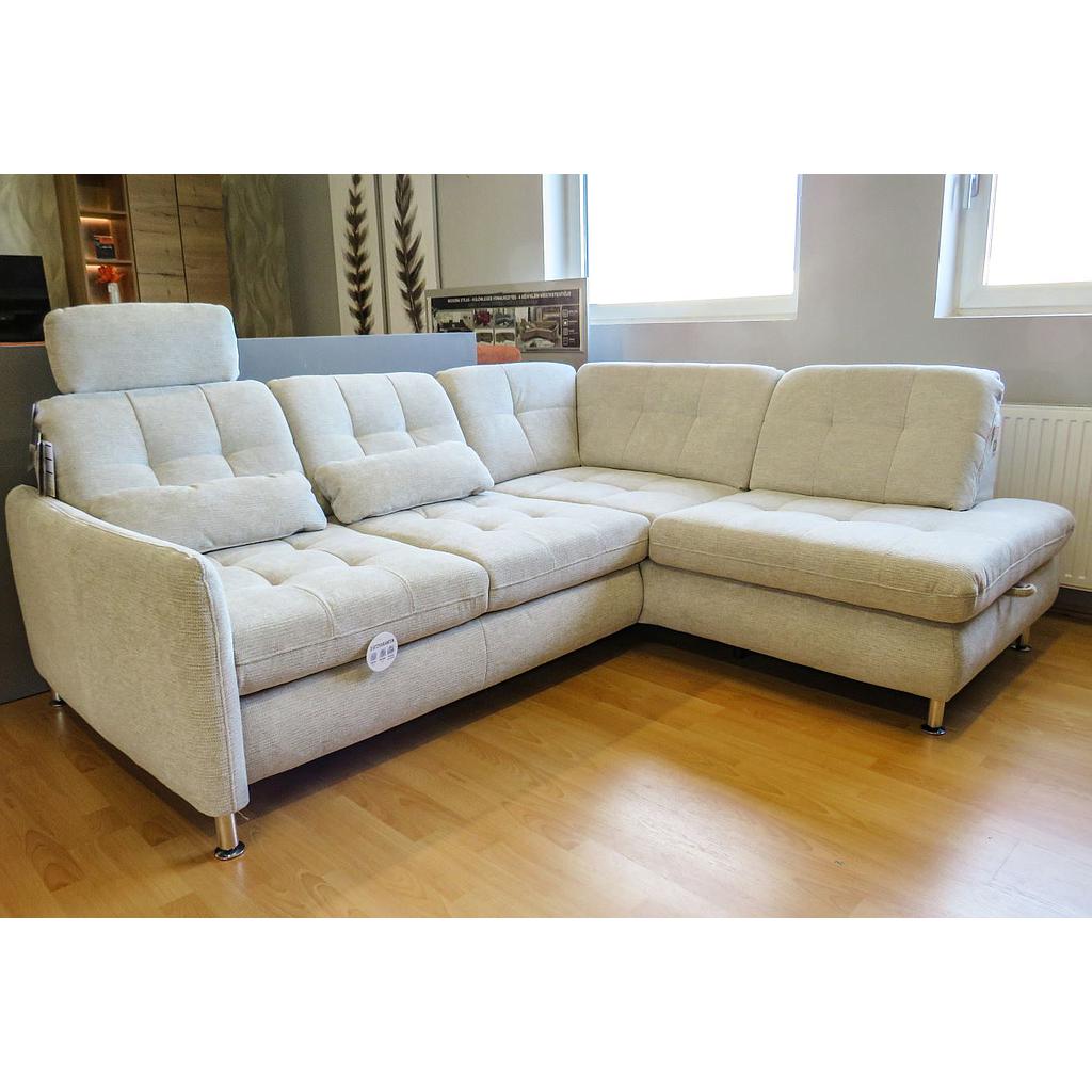 Palmyra jobbos sarokgarnitúra vendégággyal, állítható ülésmélységgel, ágyneműtartóval, fejtámlával, 2 db vesepárnával, szövet: Famosa Natur (InSc), króm láb, 2db kispárnával: Amira kupfer, 242x210 cm"ksz"