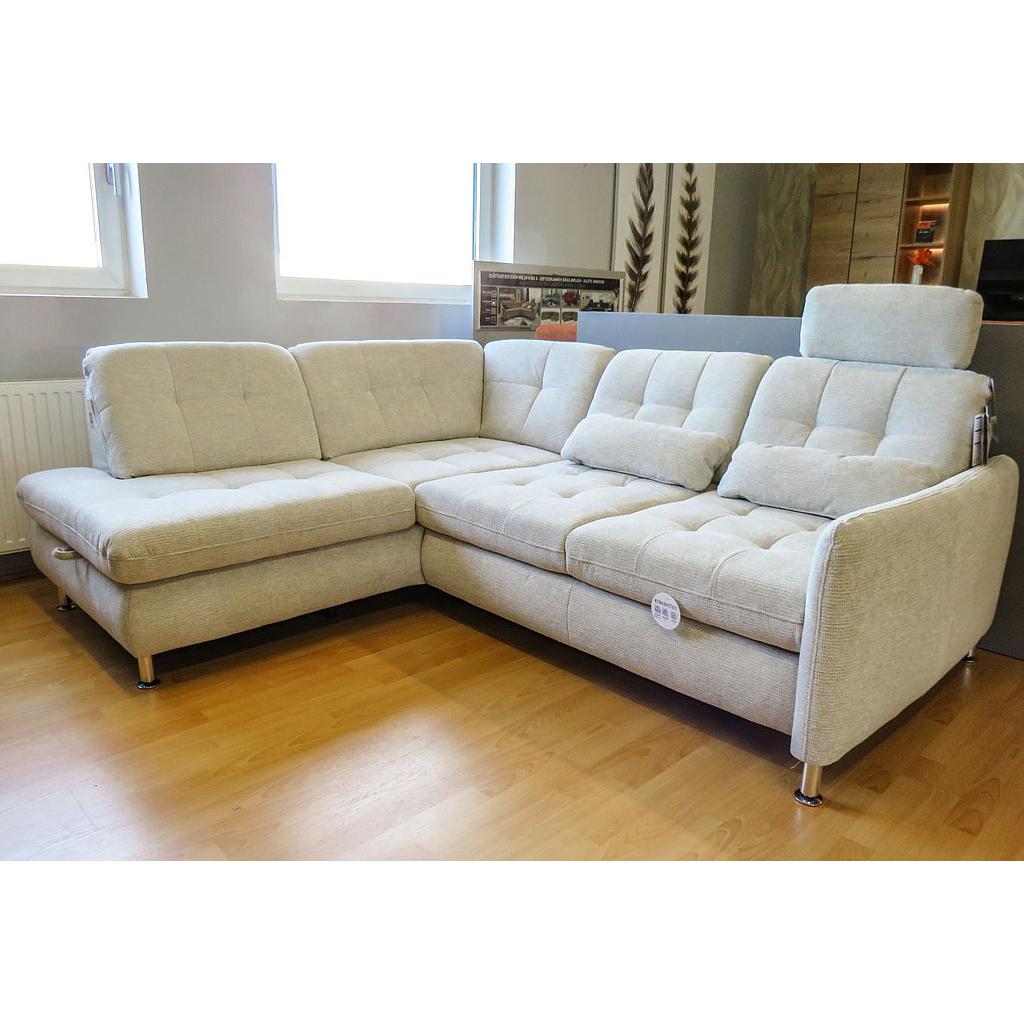 Palmyra balos sarokgarnitúra vendégággyal, állítható ülésmélységgel, ágyneműtartóval, fejtámlával, 2 db vesepárnával, szövet: Famosa Natur (InSc), króm láb, 2db kispárnával: Amira kupfer, 242x210 cm