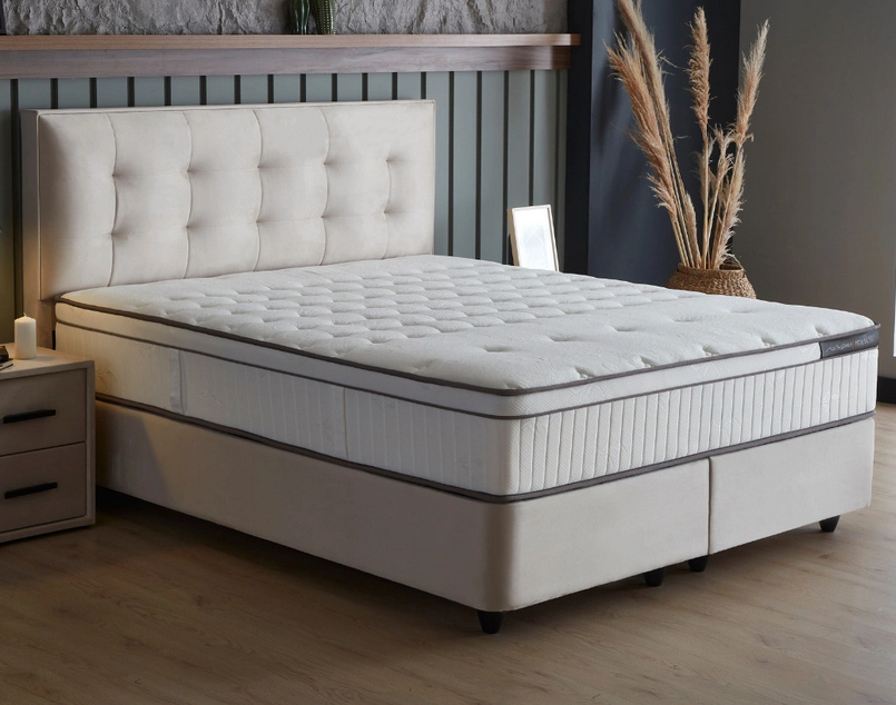 Milano boxspring franciaágy szett (ágyneműtartóval, matraccal) beige bársony, 160x200cm