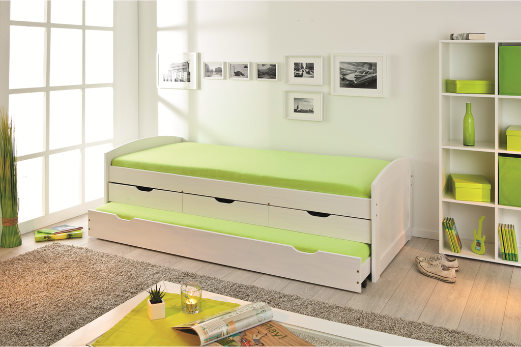 Ulli ágykeret, fiókos, ágybordával, vendégággyal, fehér lakkozott fenyő, 90x200 cm (CosyHome)