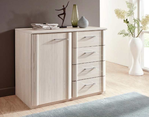 LUXOR4 XXL mély, kombinált komód, 1 ajtó 4 fiók, Polár fehér/ króm,125x83x58cm