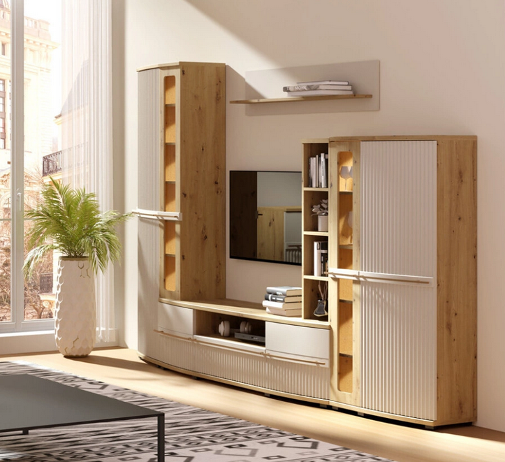 Lamello nappali, íves kombináció, kasmír / artisan tölgy, világítással, 299x199 cm