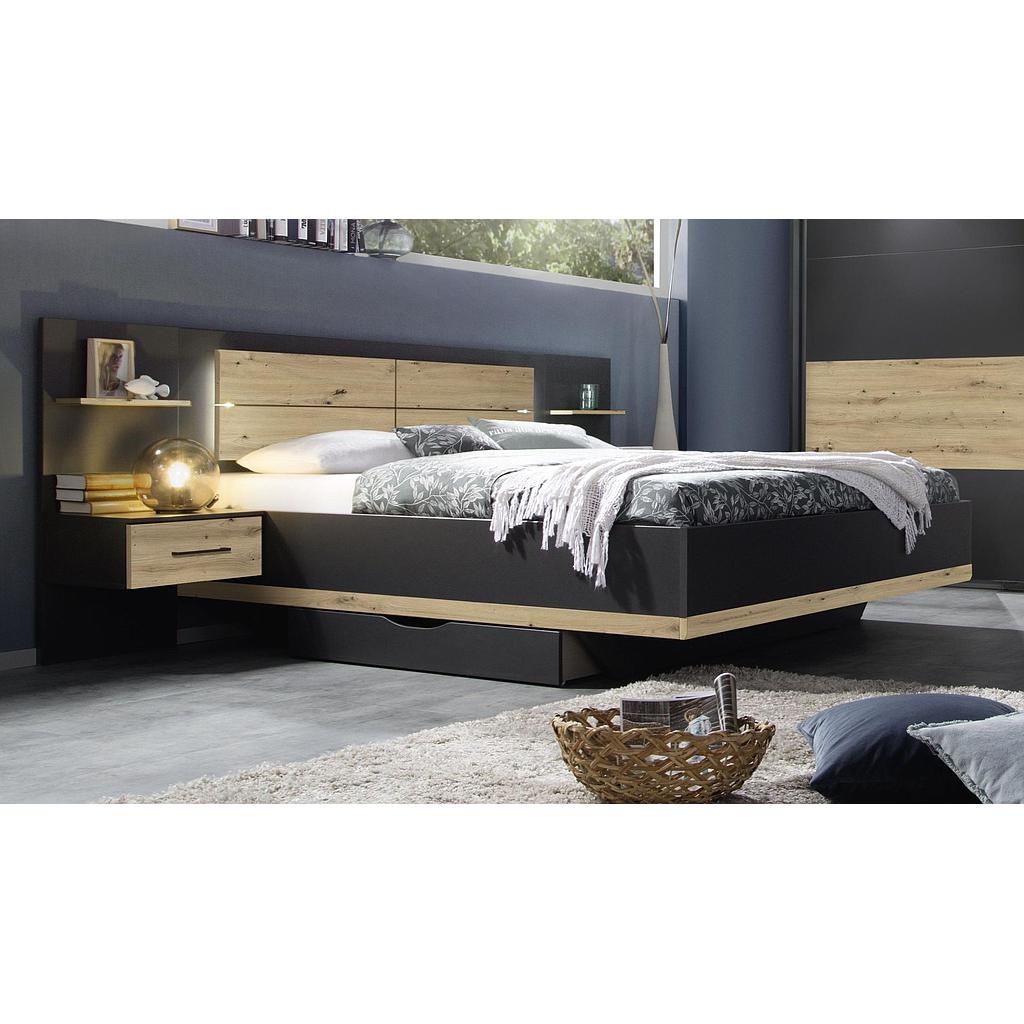 Bea franciaágy 160 szett, éjjeliszekrénnyel, ágyneműtartókkal,antracitszürke metál-artisan tölgy"k" (SZETT)