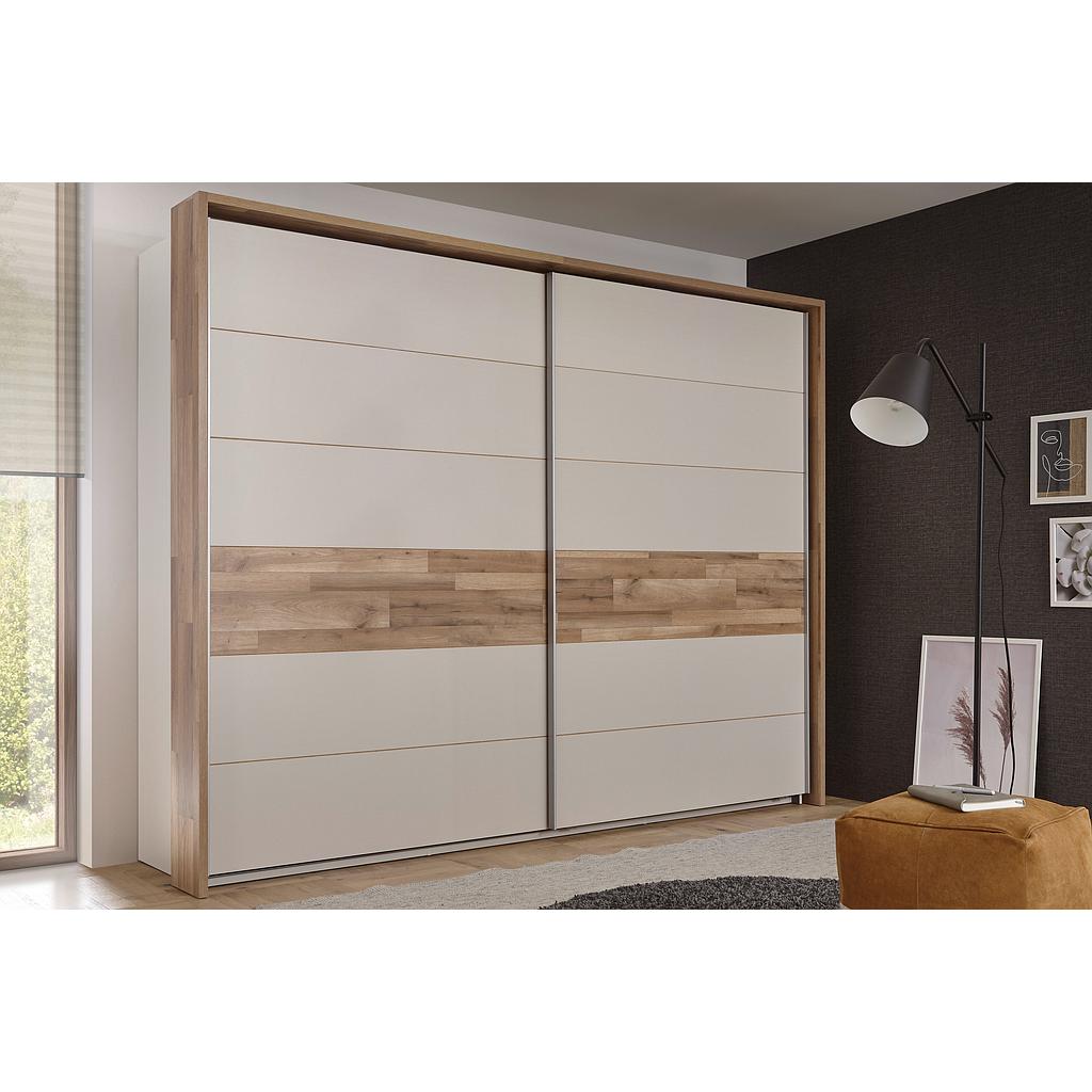 Carla tolóajtós szekrény passepartout kerettel, extra polcokkal, 280x215x60 cm, pezsgő/hegyi tölgy színben