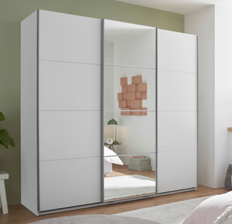 CARINA tolóajtós szekrény, tükör-fehér / fehér, 215x204x63 cm