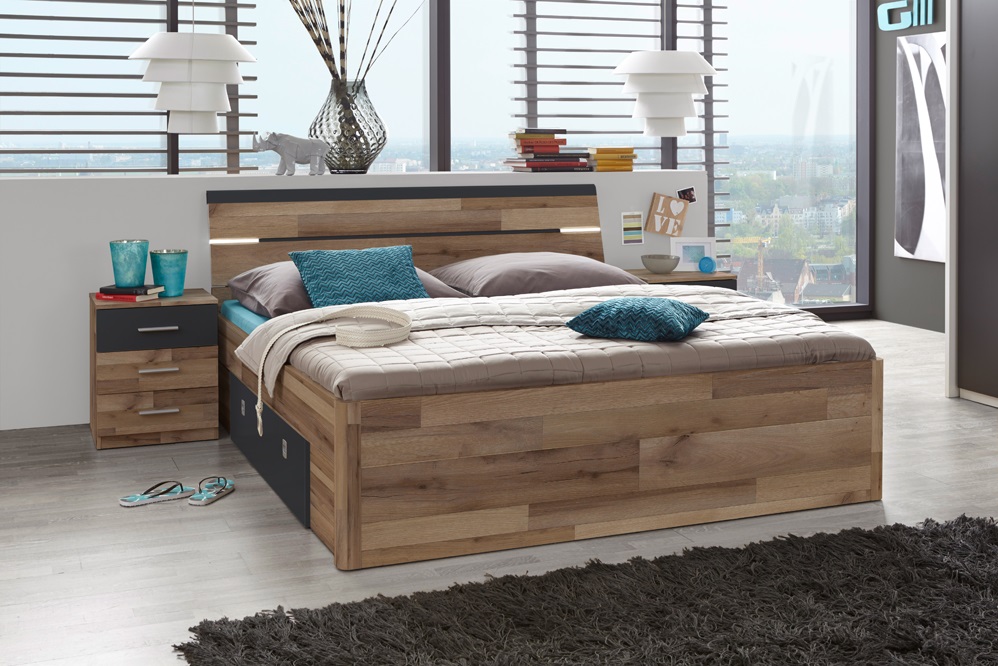 Marc franciaágy ágyneműtartó fiókkal, világítással,160x200cm, 2db éjjelivel ,montana tölgy/ grafit "KI" (szett)