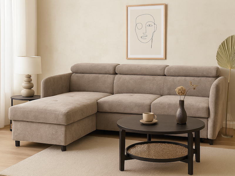 Welle sarokgarnitúra, balos, Neve szürke szövet, 218x170cm"AK"