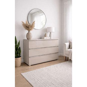 Rubin 3 fiókos komód, Üvegezett fronttal, teljesen kihúzható fiók vasalattal, Homok dekor / Mandula üveg / Króm fogantyú, 120x80x40 cm "k"