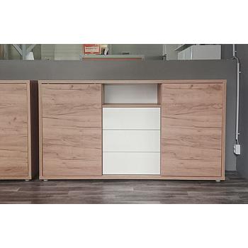 Modulo J3 Gold craft / fehér tolóajtós polcos , fiókos komód, fiókjai push-open nyitásúak