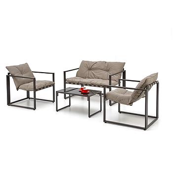 SHARK balkon szett, Capuccino/Porszórt acél/Üveg asztallap (2 Fotel, Sofa, Kisasztal) 