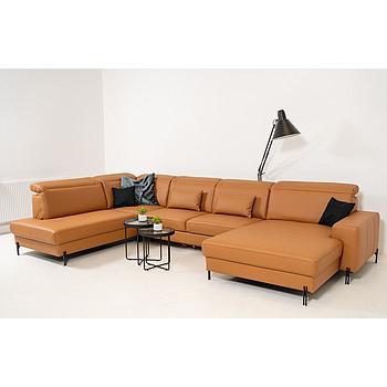 Ravenna bőr U alakú garnitúra, ágy+ÁT, mély ülés, normál komfort, retro karfa,989 sárga, fekete duplapálcás lábbal, 344x210x170 cm + 2 db derékpárna (mintadarab)