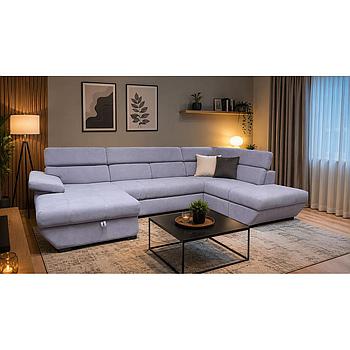 Sebrano (42402) U-garnitúra, balos felnyíló ágyneműtartóval + saját anyagával bevont vendégágy + jobbos ottomán, fix, egyszínű All Senses elephant szövettel, 170x325x224 cm
