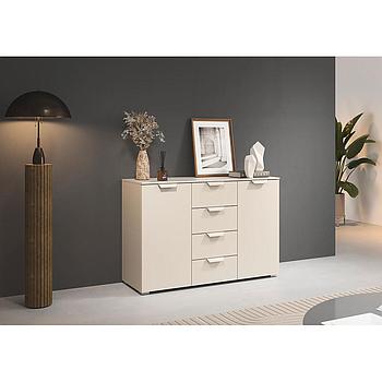 Aland box komód 2 ajtó, 4 fiók, pezsgő, pezsgő fogantyú, 120x81x42 cm