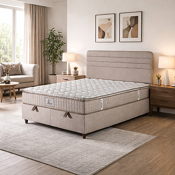 Peru boxspring ágyszett (ágyneműtartós ágy matraccal), beige szövet, 120*200 cm