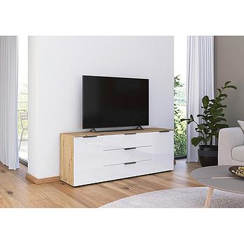 Shine komód/TV állvány,króm LÁBAZATTAL, 2ajtós, 3fiókos, artisan tölgy-fehér üveg, króm,160x72x42cm"ksz"