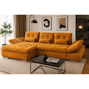 Vista lábtartós sarokgarnitúra, ülés és fejtámla funkciókkal, derékpárnával, balos, Cosy mustard B, króm, 305x199 cm