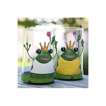 Happy Frog mécsestartó fém, üveg betét zöld/sárga/fehér 16cm d:10cm